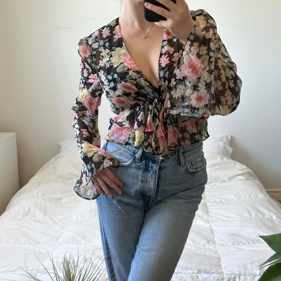 Floral sheer bell sleeve blouse with tie-up detail - Picture 1 of 5